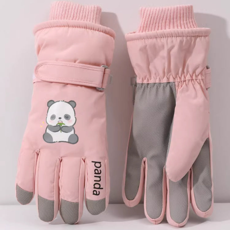 1 Pair Women'S Winter Ski Gloves, Cute Panda Design, Touchscreen Compatible, Polyester Thermal Lining, Velvet Palm, Magic Tape Closure, Hand Washable, Weather-Resistant